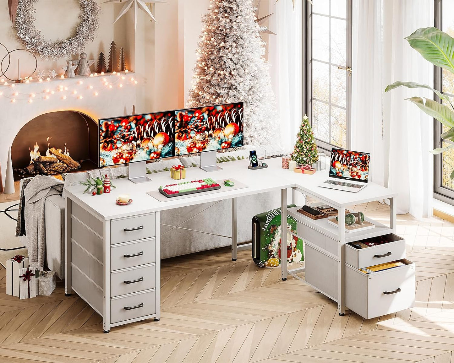 L Shaped Computer Desk with 6 Drawers & Power Outlet, 55 Inch Corner Desk with Reversible Storage Shelf & File Drawer, Home Office Desk, White