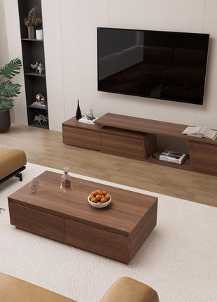 Extendable Walnut TV Stand for Living Room - Minimalist Media Console with Three Drawers and Adjustable Design for TVs up to 110 Inches