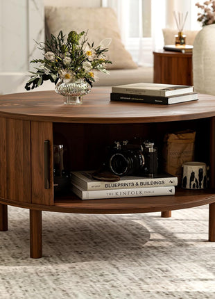 Contemporary Round Coffee Table with Storage Cabinets and Sliding Doors for Compact Living Areas, 29.9" Fluted Walnut Centerpiece