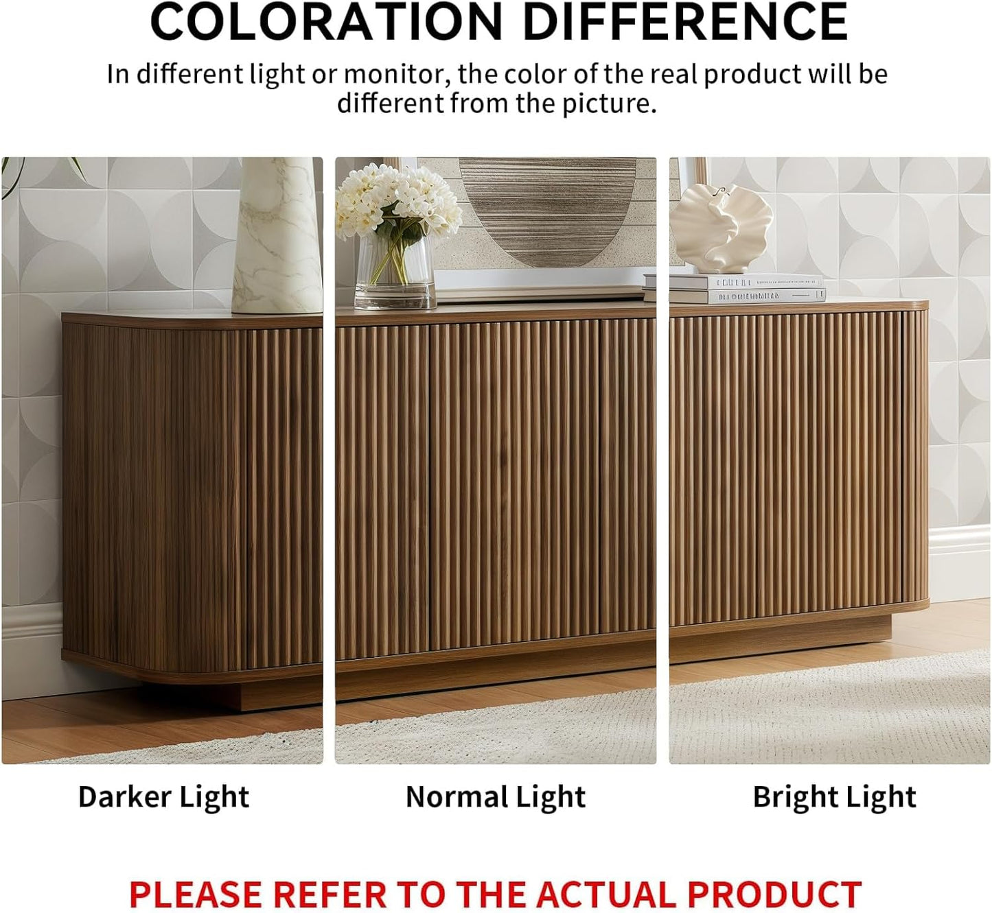 64" Sideboard Buffet Cabinet with Storage, Wooden Fluted Storage Cabinet Sideboard Credenza with Adjustable Shelves Pressed Spring for Kitchen Living Room (Walnut)