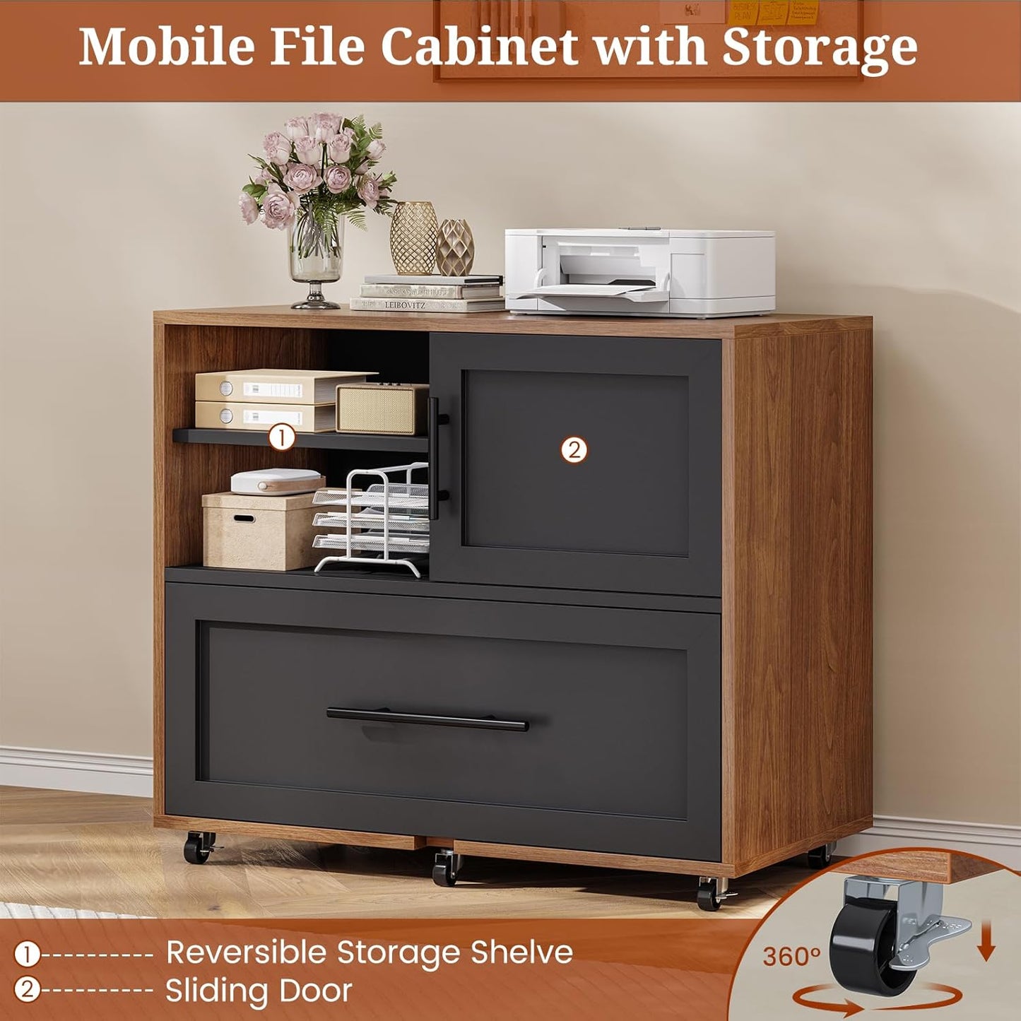 63" Executive Desk with Mobile File Cabinet, Large Office Desk with Drawer, Modern L Shaped Desk with Power Outlets, Storage Shelves, Corner Computer Desk Business Workstation Set (Walnut)