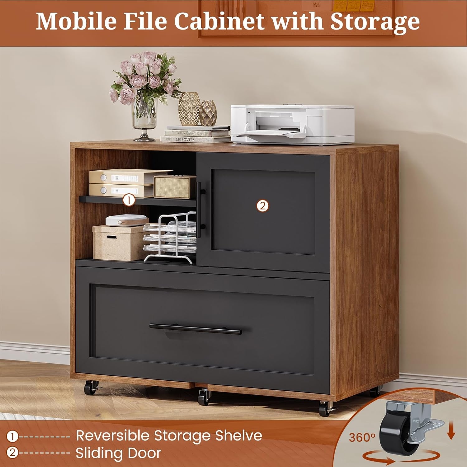 63" Executive Desk with Mobile File Cabinet, Large Office Desk with Drawer, Modern L Shaped Desk with Power Outlets, Storage Shelves, Corner Computer Desk Business Workstation Set (Walnut)