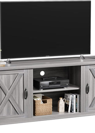 Contemporary Farmhouse TV Stand with Dual Barn Doors and Storage Cabinets for Televisions up to 65 Inches, 58-Inch Entertainment Center Console in Gray Wash Finish