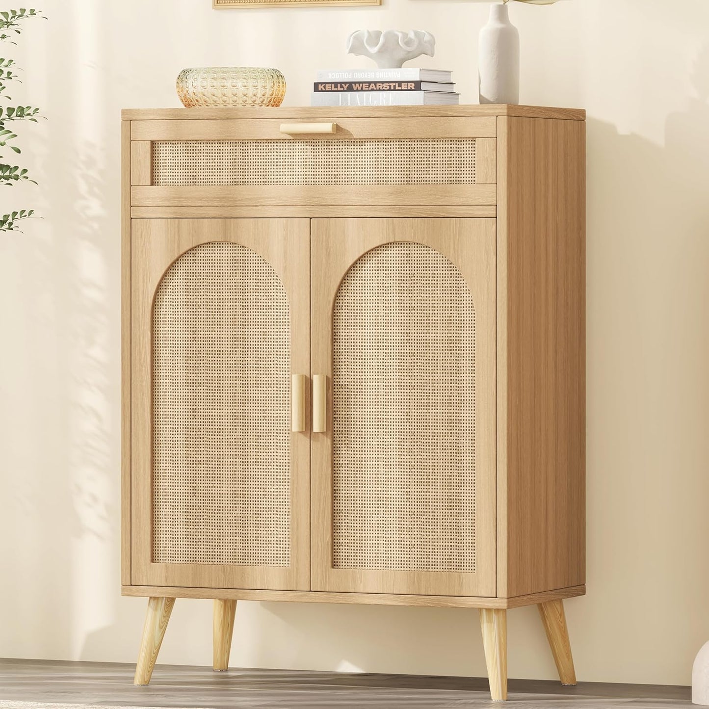 Rattan Buffet Cabinet with Storage, Sideboard with Drawer & Adjustable Shelf, Accent Kitchen Floor Storage Cabinet with 2 Doors & Solid Wood Feet, Coffee Bar for Living Room, Entryway, Natural Oak