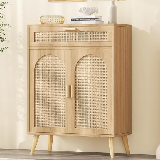 Rattan Buffet Cabinet with Storage, Sideboard with Drawer & Adjustable Shelf, Accent Kitchen Floor Storage Cabinet with 2 Doors & Solid Wood Feet, Coffee Bar for Living Room, Entryway, Natural Oak
