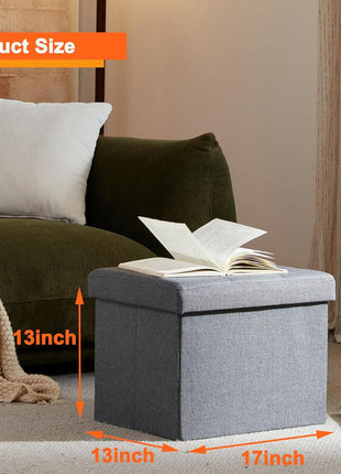 Compact Grey Foldable Ottoman Stool with Hidden Storage - 17 x 13 x 13 Inches for Living Room Use