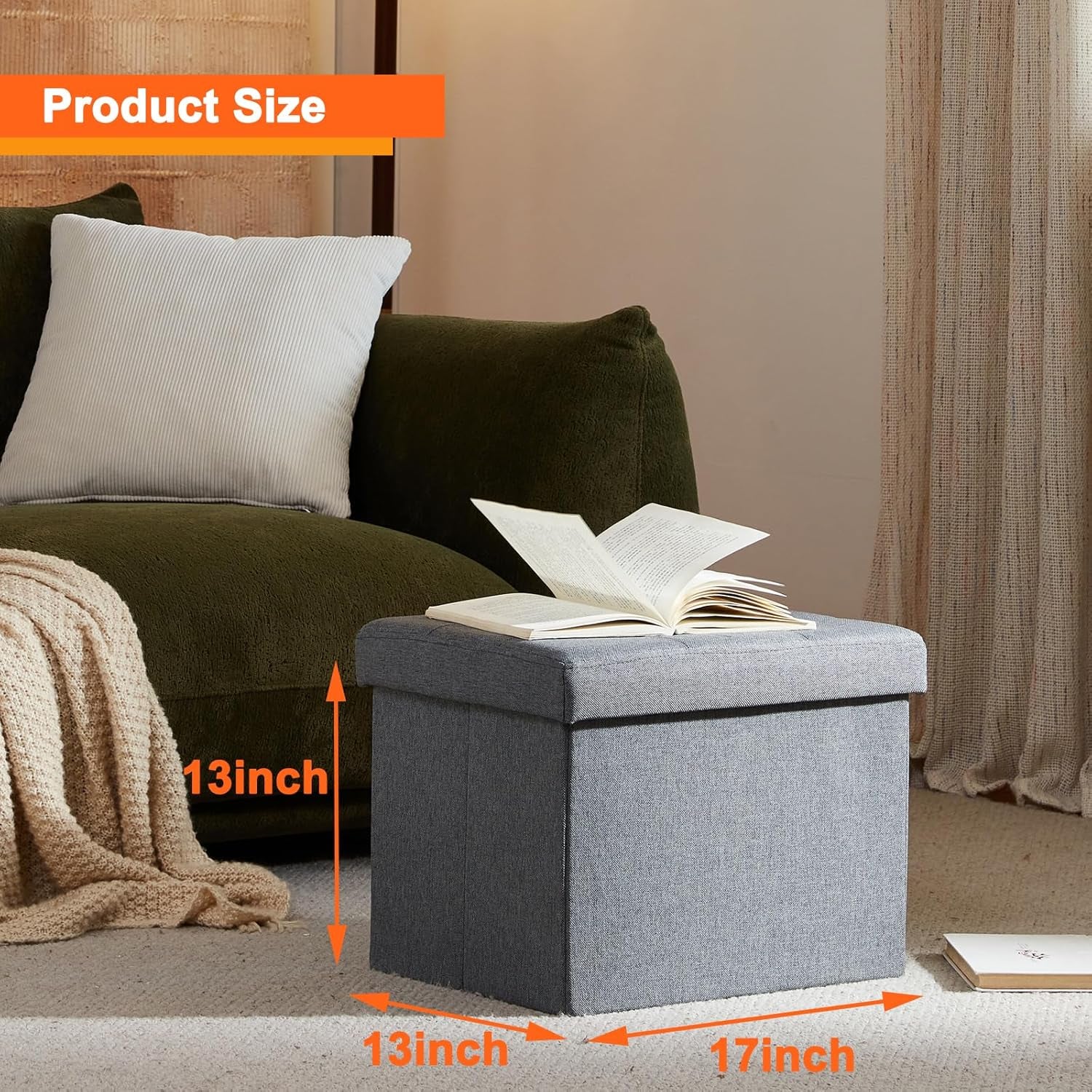 Storage Ottoman Footrest Stool Small Ottoman with Storage Foldable Ottomans Foot Rest Footstool Bench for Living Room 17X13X13Inches Grey