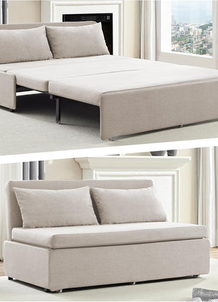 Elegant 64" Queen Size Convertible Sofa Bed - Chic Linen Upholstered Couch with Mattress & Pillows, Ideal for Compact Living Spaces and Accommodating Guests (Beige)
