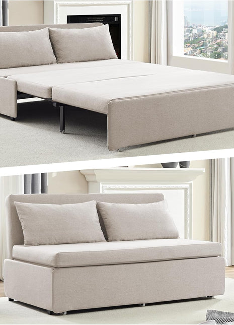Elegant 64" Queen Size Convertible Sofa Bed - Chic Linen Upholstered Couch with Mattress & Pillows, Ideal for Compact Living Spaces and Accommodating Guests (Beige)