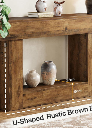 63-Inch Vintage Brown Farmhouse Console Table with U-Shaped Base and Two-Tier Design for Living Room, Hallway, and Foyer