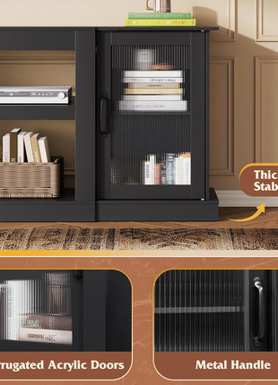 58-Inch Farmhouse TV Stand for 65-Inch Televisions, Entertainment Center with Storage Cabinets and Open Shelves, Black Finish for Living Room and Bedroom