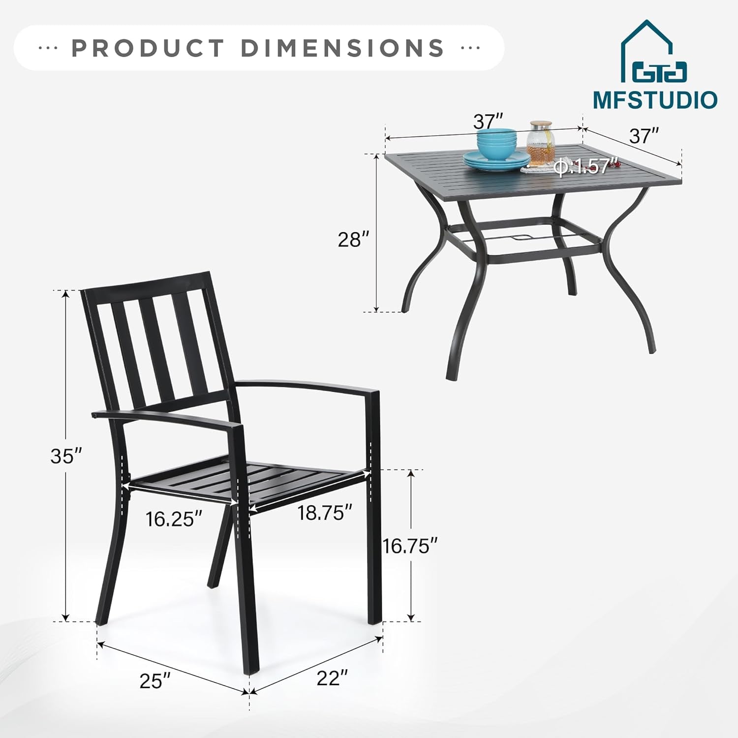 Outdoor Dining Set for 4, Patio Table and Chairs Set with Umbrella Hole, Metal Patio Furniture Set for Deck/Backyard/Poolside/Garden