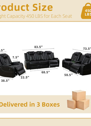 3-Piece Modern Leather Power Recliner Sofa Set for Living Room with USB Ports, LED Ambient Lighting, and Storage Console in Black