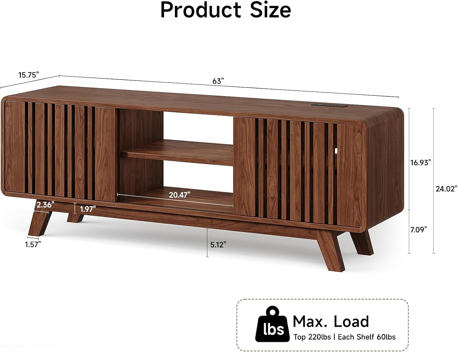 63-Inch TV Stand for Tvs up to 75 Inch, Mid-Century Modern Television Stand with Power Outlet, Entertainment Center with Sliding Grille Door Cabinets and Open Shelves for Living Room, Walnut