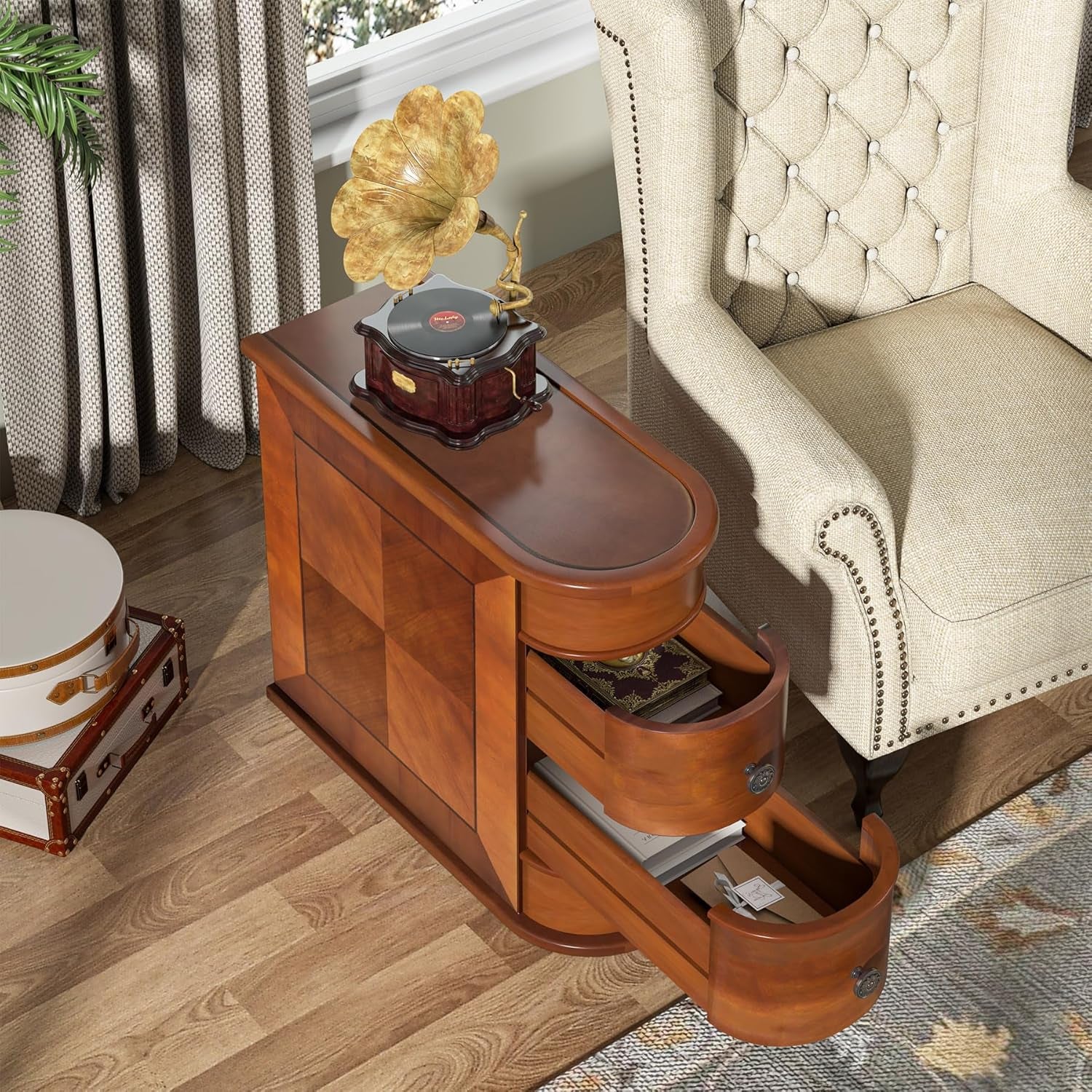 Wood End Table, 2-Drawer Narrow Side Table Slim Chair Solid Side Table, No Assembly Required, Finished Back | Slim, No Assembly Required, Finished Back