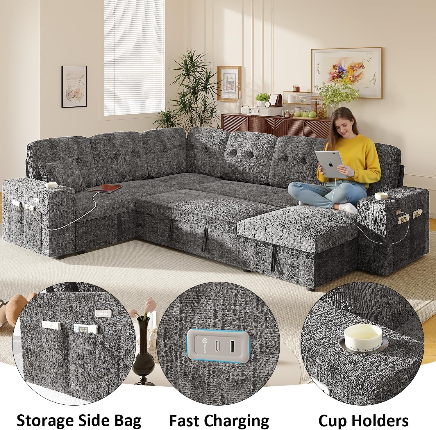Modular Sectional Sleeper Sofa with Pull Out Bed, U Shaped 7 Seat Sectional Couches for Living Room, 108 Inch Sofa Bed with Adjustable Backrest | Hidden Storage | Wide Armrest | Grey
