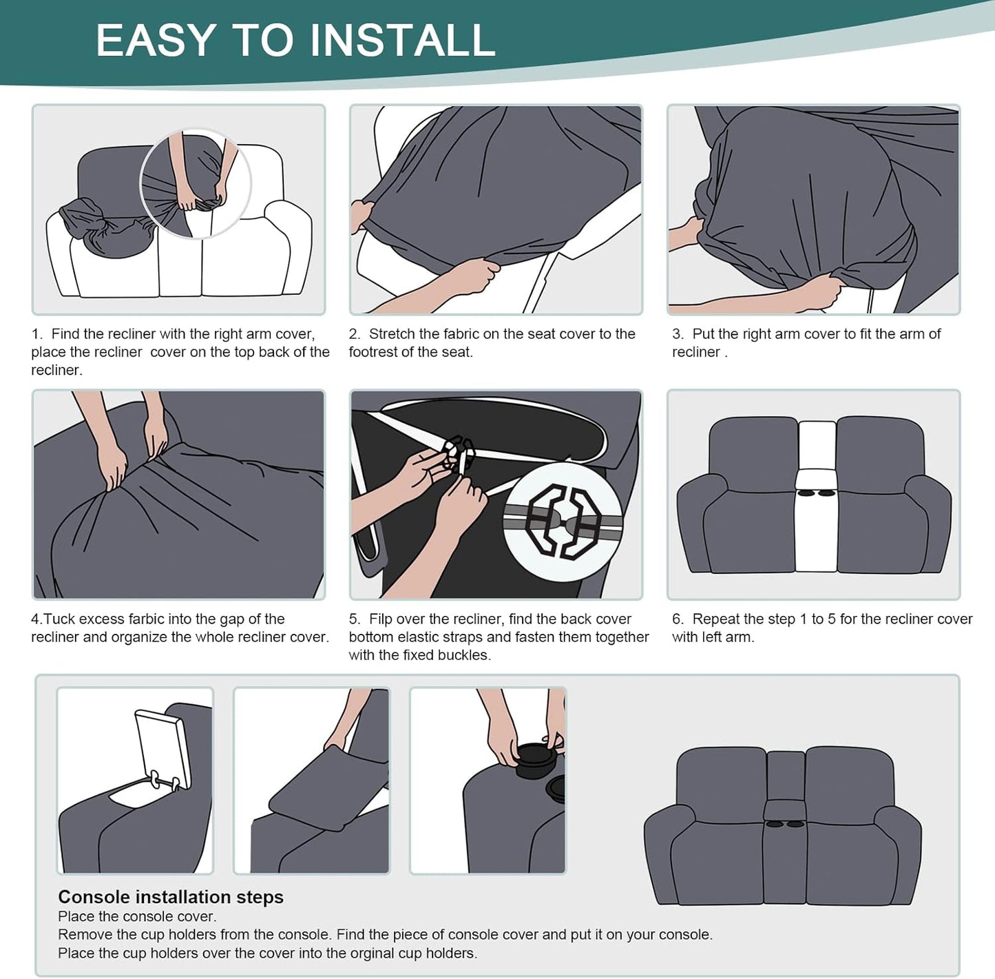 Stretch Loveseat Recliner Covers with Console 4-Pieces Recliner Sofa Covers with Pockets Jacquard Reclining Couch Covers Furniture Protector with Elastic Straps Bottom (2 Seater, Chocolate)