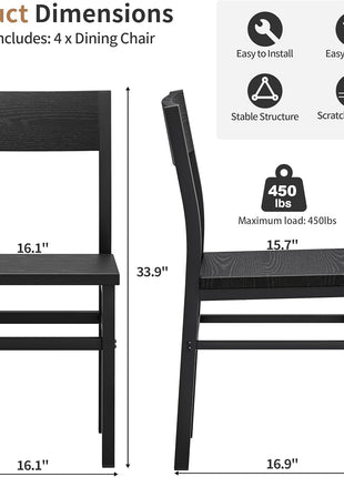 Set of 4 Rustic Wood Dining Chairs with Reinforced Metal Frame and Slat Back in Dark Black, Modern Farmhouse Style for Kitchen and Dining Room