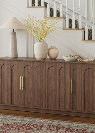 Mid-Century Modern Sideboard Buffet Cabinet with Arched Doors, Modular Media Console and Minimalist Design for Living Room, Kitchen, Dining Room, and Entryway in Walnut Finish