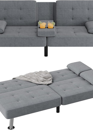 Modern Convertible Futon Sofa Bed with Recliner Lounge and Removable Armrests, Black PU Leather, Featuring Dual Cup Holders