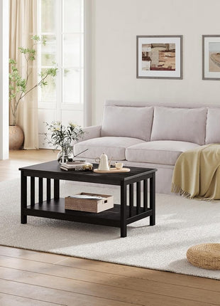 Mission Style Black Wood Coffee Table with Shelf, 40-Inch Living Room Accent Table