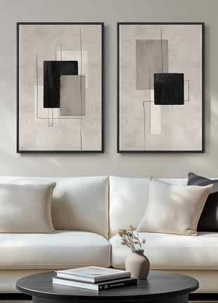 Large Framed Neutral Abstract Wall Art Set - Two Modern Canvas Prints in Black and Beige for Living Room, Minimalist Block Line Decor for Hallway and Office, 24x36 Inches