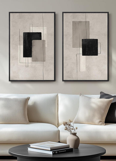Large Framed Neutral Abstract Wall Art Set - Two Modern Canvas Prints in Black and Beige for Living Room, Minimalist Block Line Decor for Hallway and Office, 24x36 Inches