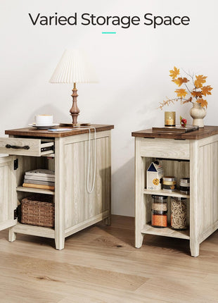 Farmhouse End Table with Built-in Charging Station, Compact Side Table for Living Room, Sofa Companion with Drawer and Storage Cabinet, Versatile Nightstand for Home Office