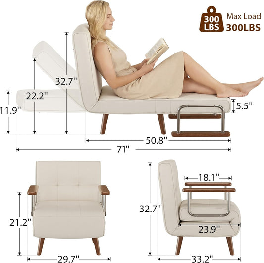 SUIYIMU Folding Chair Bed, 3-In-1 Convertible Sleeper Chair Bed, Futon Chair with 6-Level Adjustable Backrest for Guest Room Apartment Dorm, Cream Beige-Walnut