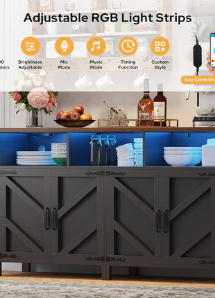 55'' Farmhouse Buffet Sideboard with Storage, Power Outlets, and LED Lighting - Large Wood Kitchen Cabinet for Dining Room and Entryway