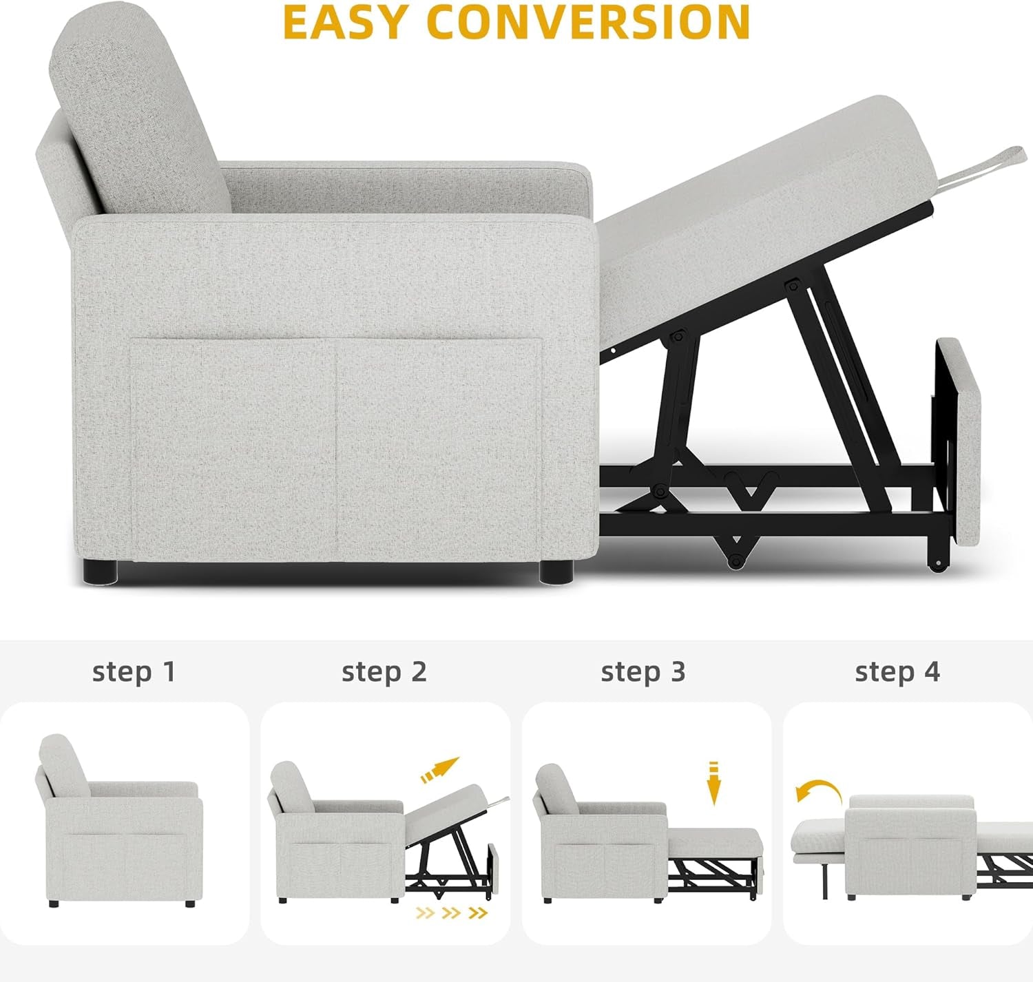 Convertible Sleeper Chair, 3-In-1 Sofa Bed with Pull-Out Bed, 75" Single Sleeper Couch with Reclining Backrest and Wide Armrest, Linen Futon Couch for Dorm Apartment, Beige