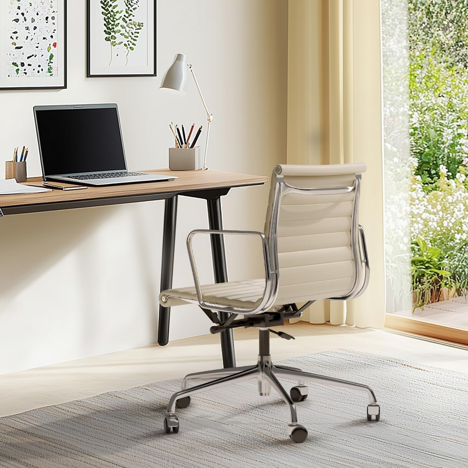 Ribbed Office Chair with Top Grain Leather - Mid Back Ergonomic Desk Chair with Aluminum Arms & Frame, Swivel Wheels & Tilt Function, Adjustable Height