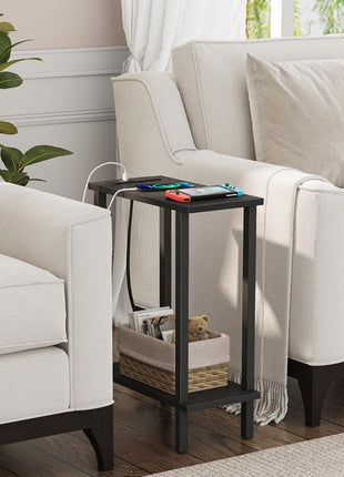 Set of 2 Compact End Tables with Integrated Charging Station, USB Ports, and Outlets - Sleek Sofa and Nightstand for Living Room and Bedroom, Black TB01BK0602