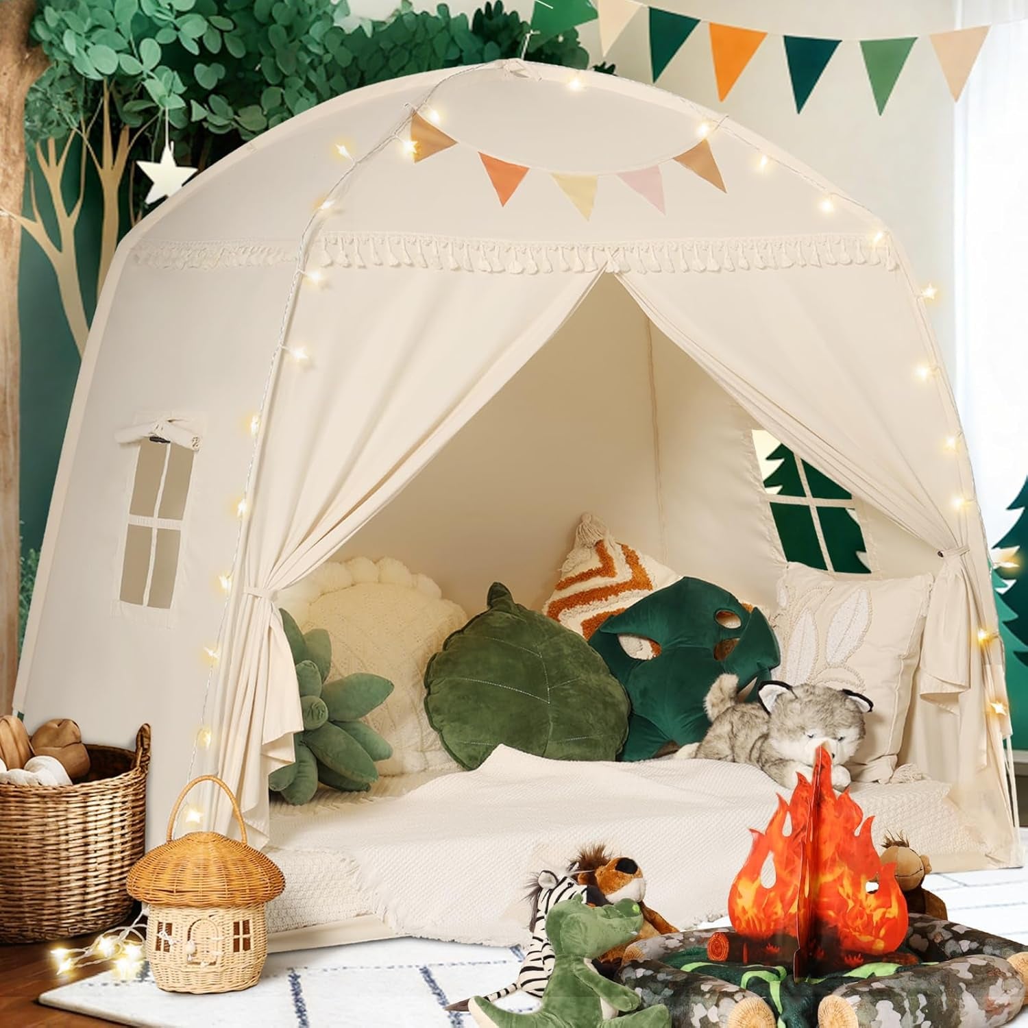 Large Teepee Tent for Kids: with Star Lights & Flags - Tent for Kids Indoor Kids Teepee for Boys & Girls - Playhouse inside Canopy Bed for Playroom Gift Toys (Cream)