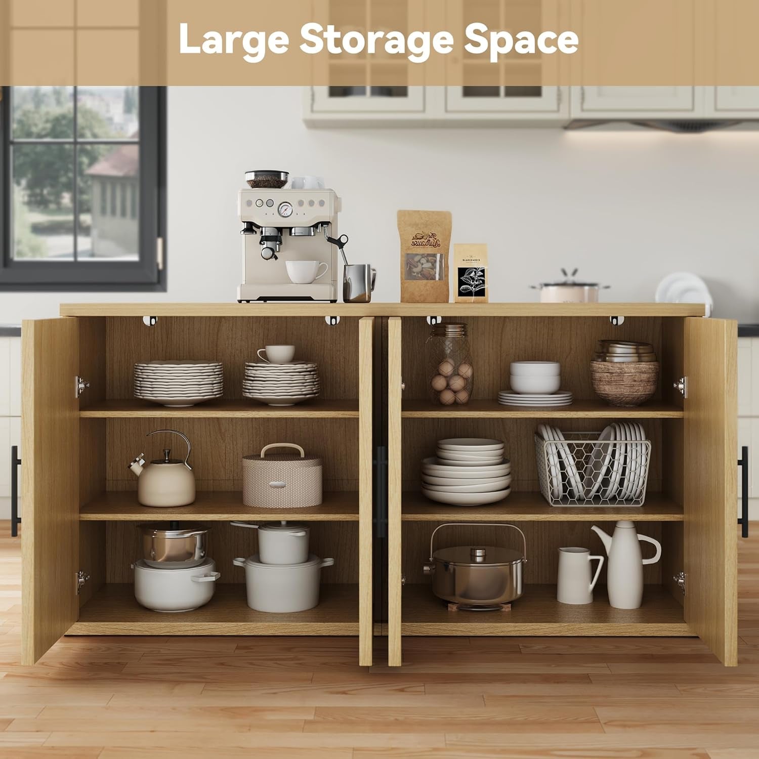 63" Fluted Buffet Cabinet with Storage, Modern Symmetrical Arched Sideboard Credenza with Adjustable Shelf, Elegant Wood Console Table for Dining Room, Kitchen, Living Room(Oak)