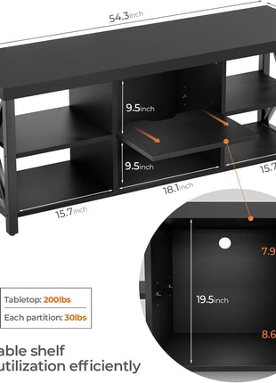 55-Inch Industrial Farmhouse TV Stand for TVs up to 65 Inches with 6 Storage Cabinets, Black Entertainment Center for Living Room