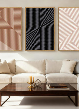 Neutral Abstract Modern Canvas Wall Art Set of 3 - Framed Black, White, and Beige Decor for Boho Minimalist Aesthetics, Geometric Line Paintings for Living Room, Bedroom, and Office - 16x24 Inches