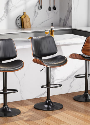 Set of 2 Adjustable Swivel Bar Stools in Mid-Century Modern Bentwood Design with PU Leather Upholstery, Backrest, and Footrest - Perfect for Kitchen Counter, Bar, or Dining Room, Black