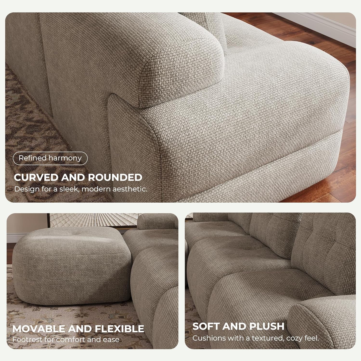 145'' U-Shaped Modular Sectional Sofa Couch, Full-Foam Structure, Compression Packaging Design, Woven Texture Upholstery, Oversized Modern Sofa for Living Room – Wheat Beige