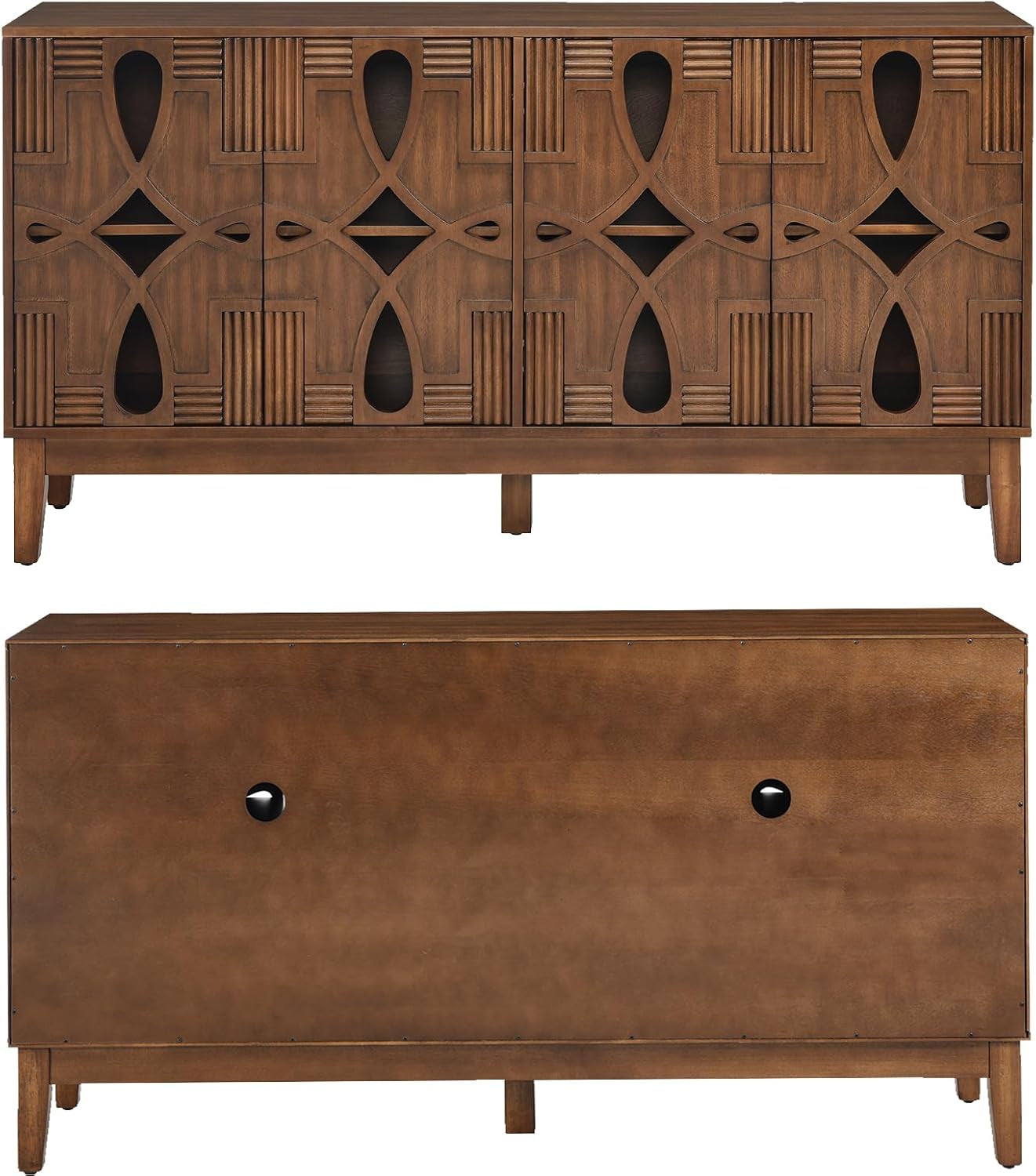 60" Mid Century Modern Sideboard Buffet with Hollow Carved Doors and Outlet Holes,Vintage Accent Cabinet Credenzas Storage Cabinet Walnut