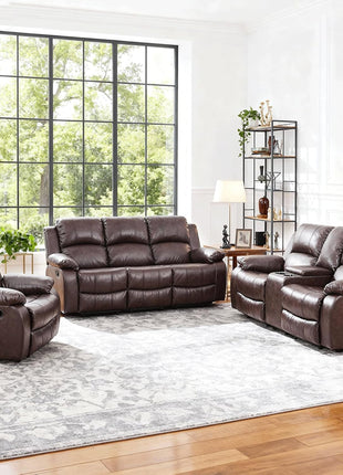 Leather Recliner Sofa Set: 3-Piece Sectional Furniture with Convertible Table & Cup Holders for Living Room, RV, or Office in Brown Leather