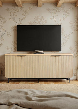Reema Fluted 4-Door Buffet Console Sideboard, 69-Inch, Coastal Oak Finish