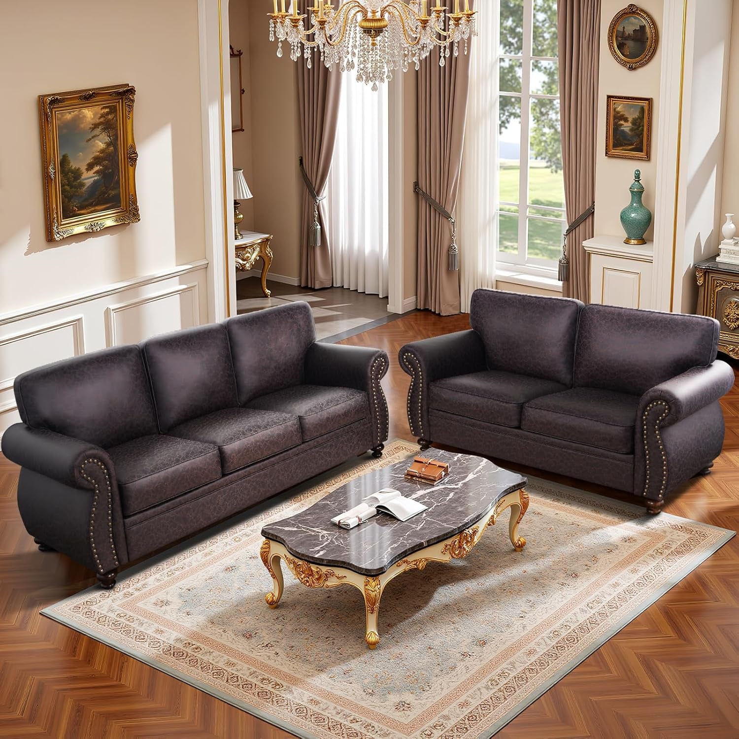 Living Room Furniture Sets,Sofa Sets and Couch Sets for Living Room,Mid-Century Vintage Sofa Couches with Rivet Design (Brown, Loveseat+3 Seater)