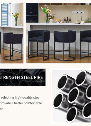 Set of 2 Black Counter Height Barrel Bar Stools with Curved Back and Linen Upholstery for Kitchen Island, Dining Room, Cafe, and Pub