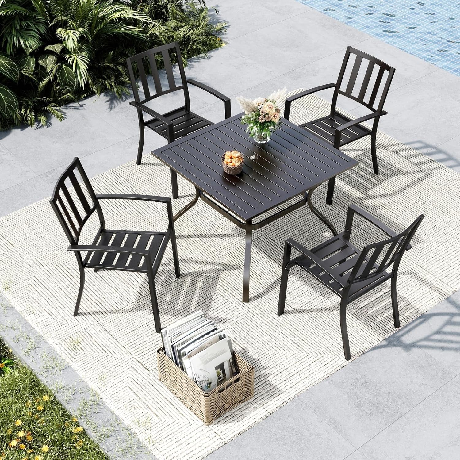 Outdoor Dining Set for 4, Patio Table and Chairs Set with Umbrella Hole, Metal Patio Furniture Set for Deck/Backyard/Poolside/Garden