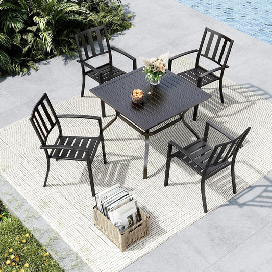 Outdoor Dining Set for 4, Patio Table and Chairs Set with Umbrella Hole, Metal Patio Furniture Set for Deck/Backyard/Poolside/Garden
