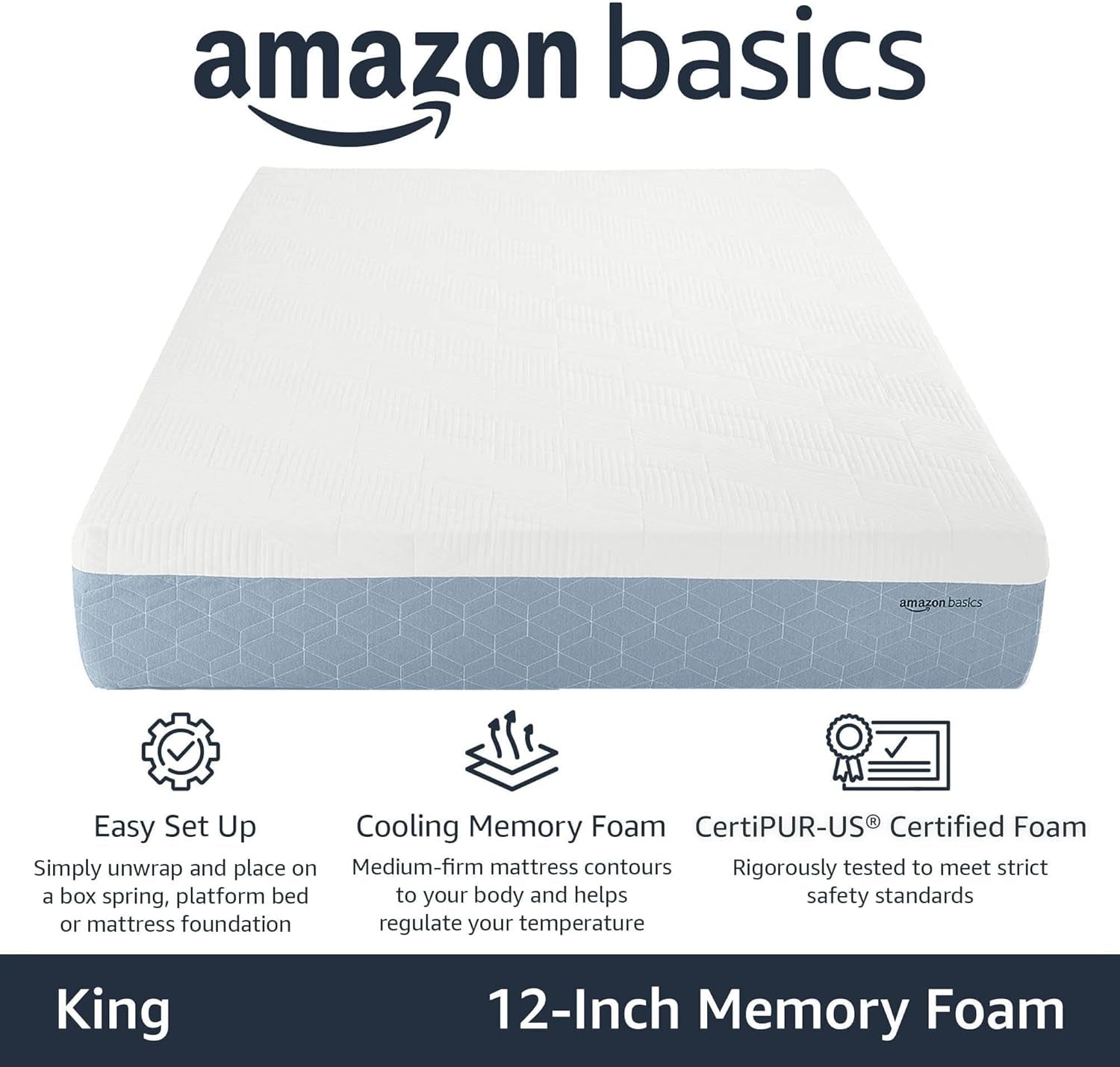Memory Foam Mattress, Medium Firm, Cooling Gel, King Size Mattress, Certipur-Us® Certified Foam, 80 X 76 X 12 Inches, White/Gray