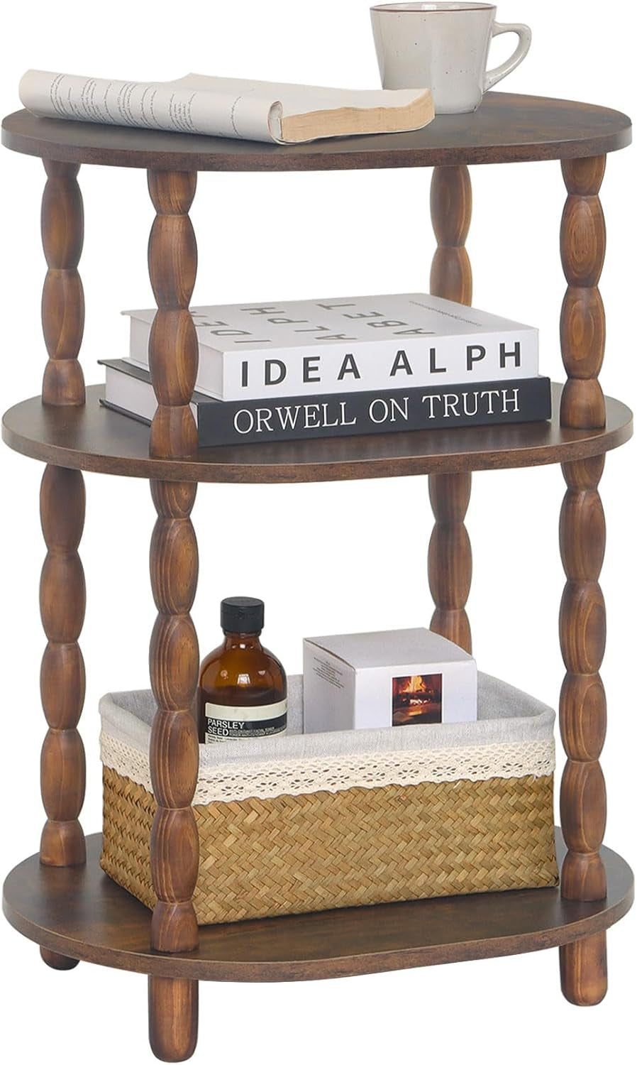 Side Table, 3-Tier Small End Table, Modern Oval Night Stand Accent Table for Living Room, Bedroom, Rustic Brown