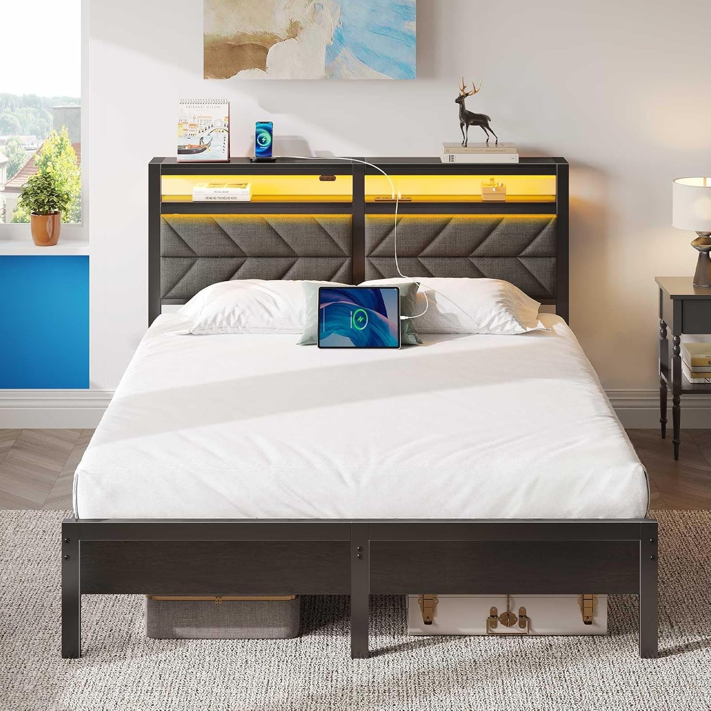 Bed Frame Full Size with Charging Station, LED Bed with Upholstered Storage Headboard, Metal Platform Bed with under Bed Storage, No Box Spring Needed, Noise Free, Easy Assembly, Grey