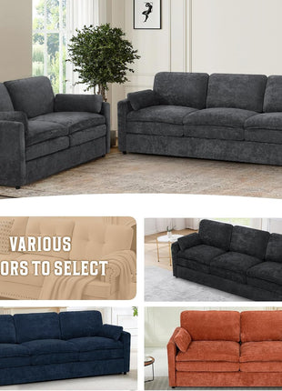 Chenille Upholstered Sofa Set in Dark Grey - 2-Piece Collection with Comfortable 3-Seat Couch and Loveseat, Featuring Thick Cushions and Deeper Seats for Enhanced Comfort in Living Room or Apartment